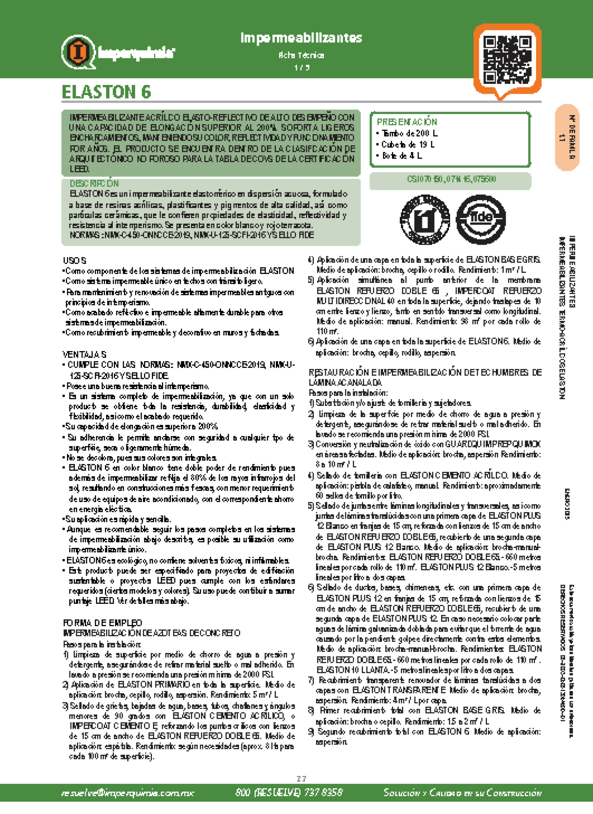 Ficha Técnica de Impermeabilizantes ELASTON 6 - USOS y Aplicaciones ...