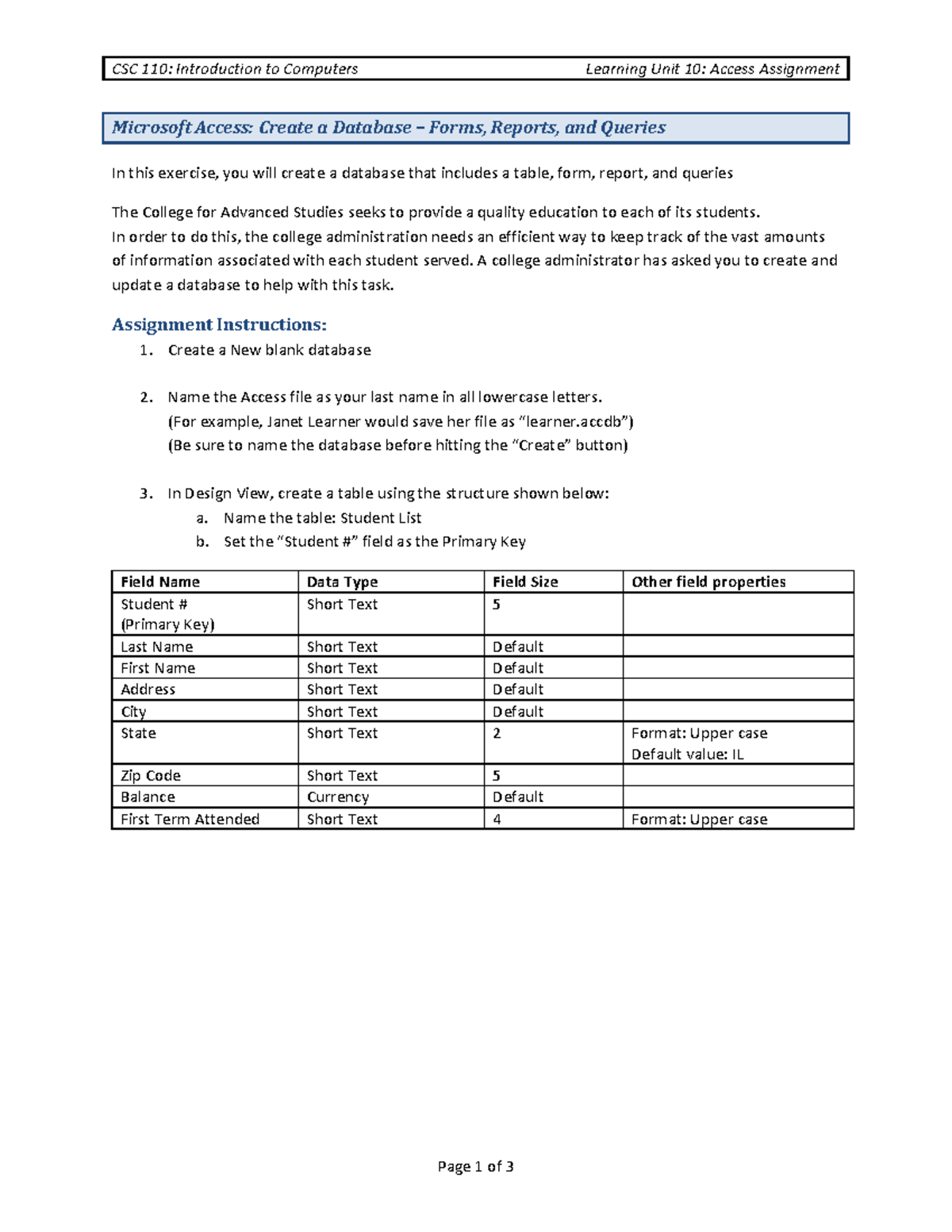 CSC 110: Access Assignment - Create Database Forms & Reports - Studocu