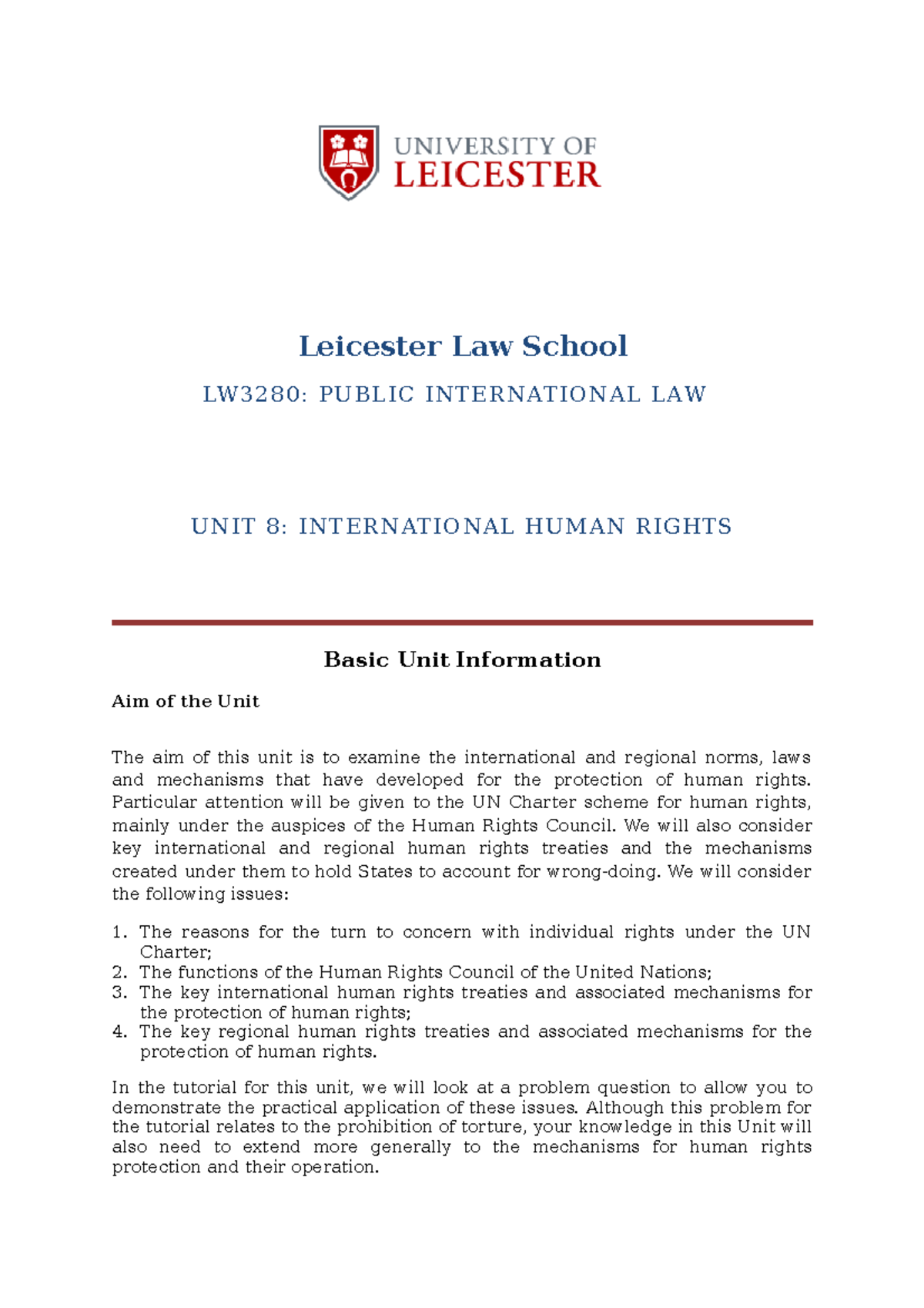LW3280: Unit 8 Tutorial on International Human Rights Law - Studocu