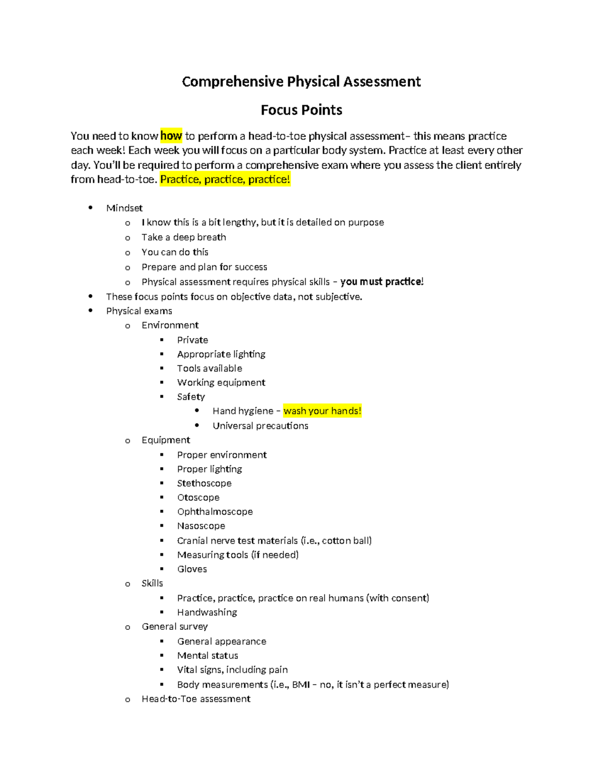 Comprehensive Physical Assessment Focus Points - W1 - Studocu