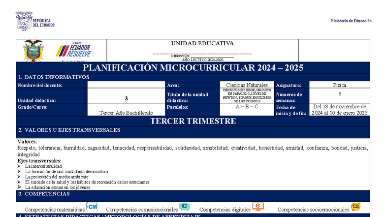 Planificación del Tercer Trimestre de Física 3ro Bachillerato 2024-2025 ...