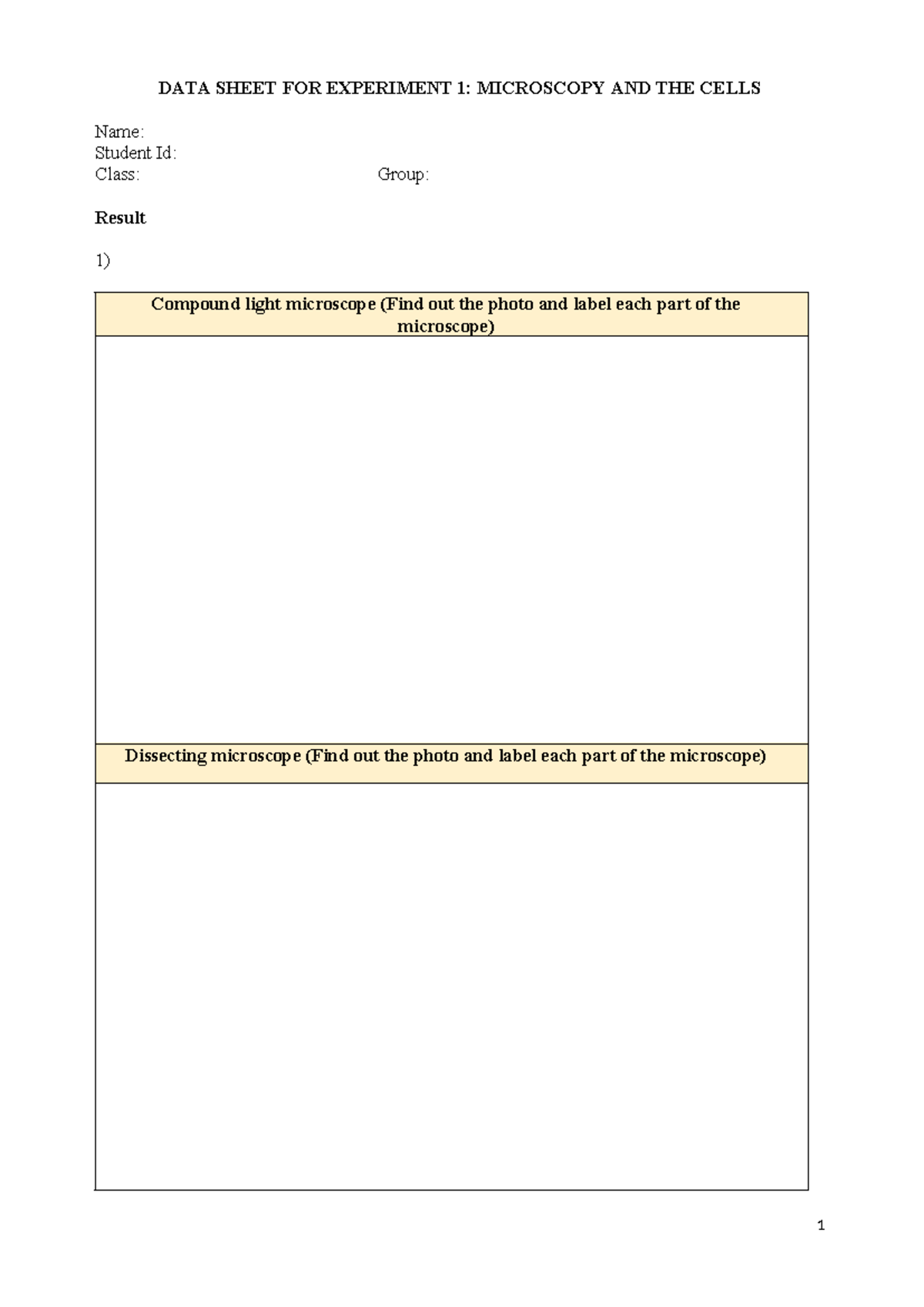 DATA Sheet for Exp. 1: Microscopy & Cells (for Students) - Studocu