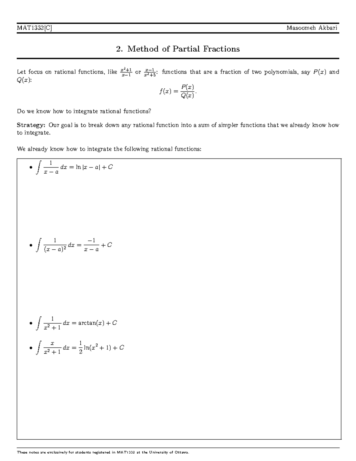 MAT1332 - Lecture Notes on Method of Partial Fractions - Studocu