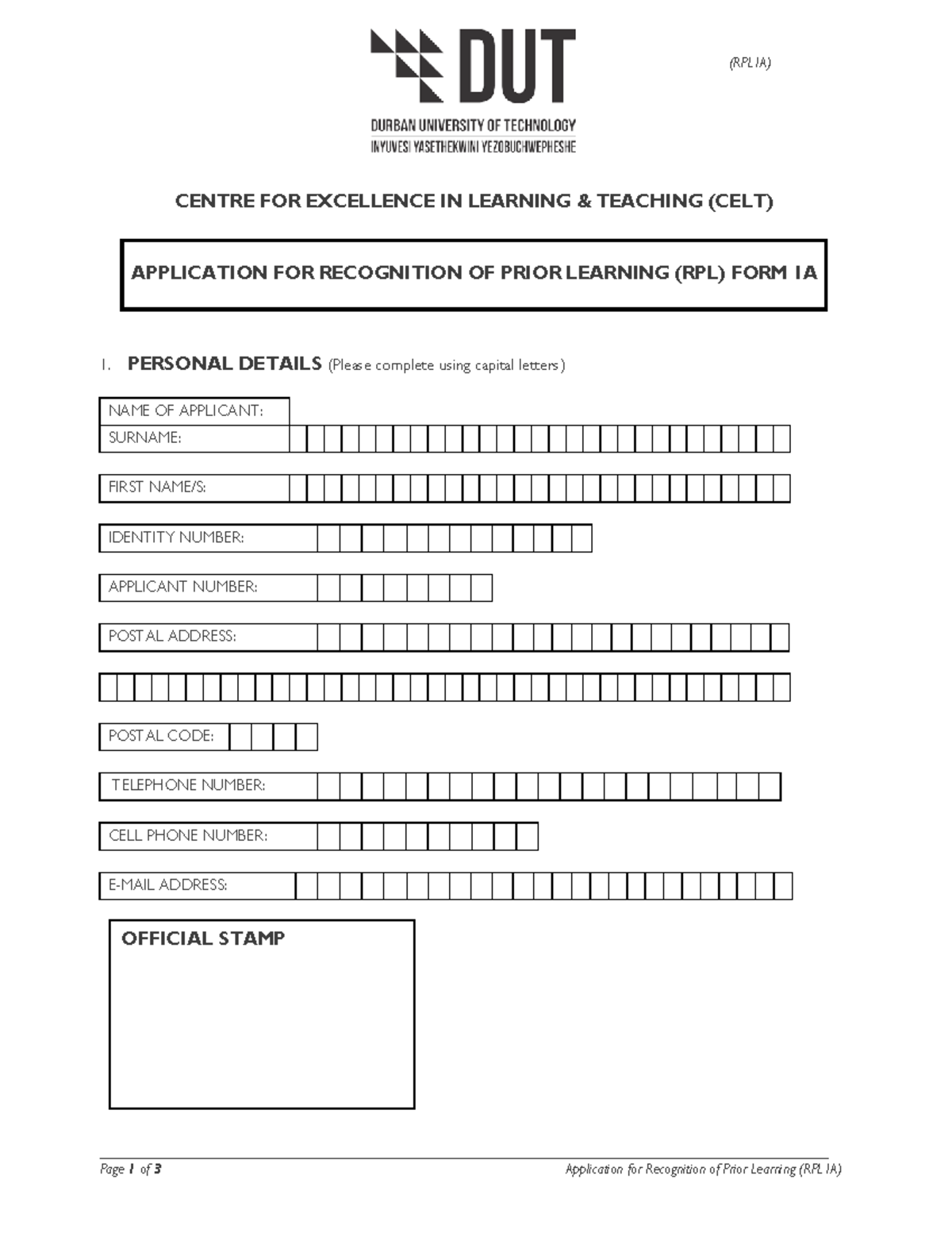 (RPL1A) RPL Application Form for Recognition of Prior Learning - Studocu