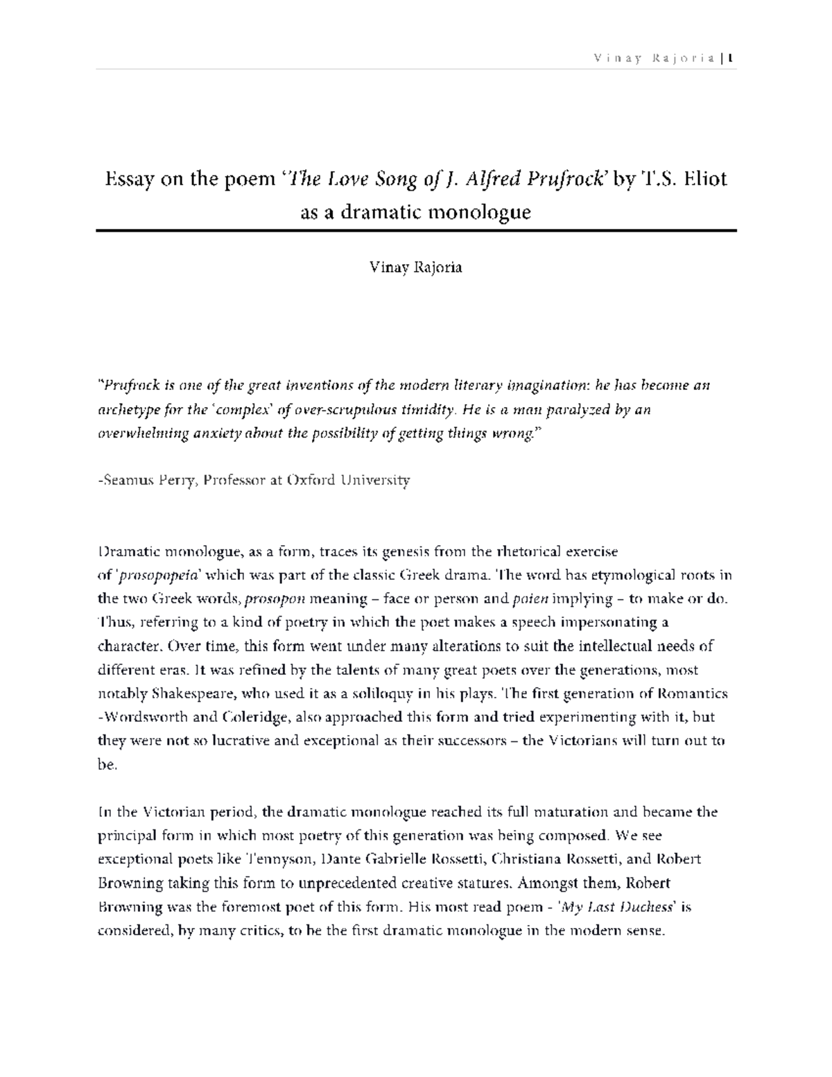 Critical Essay on T.S. Eliot's Dramatic Monologue: Love Song of J ...