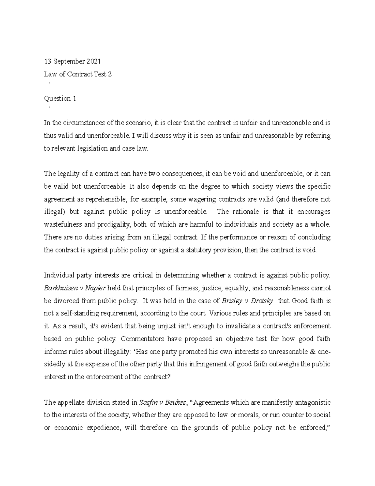 Law of Contract Test 2 Analysis - Second Semester Exam - Studocu