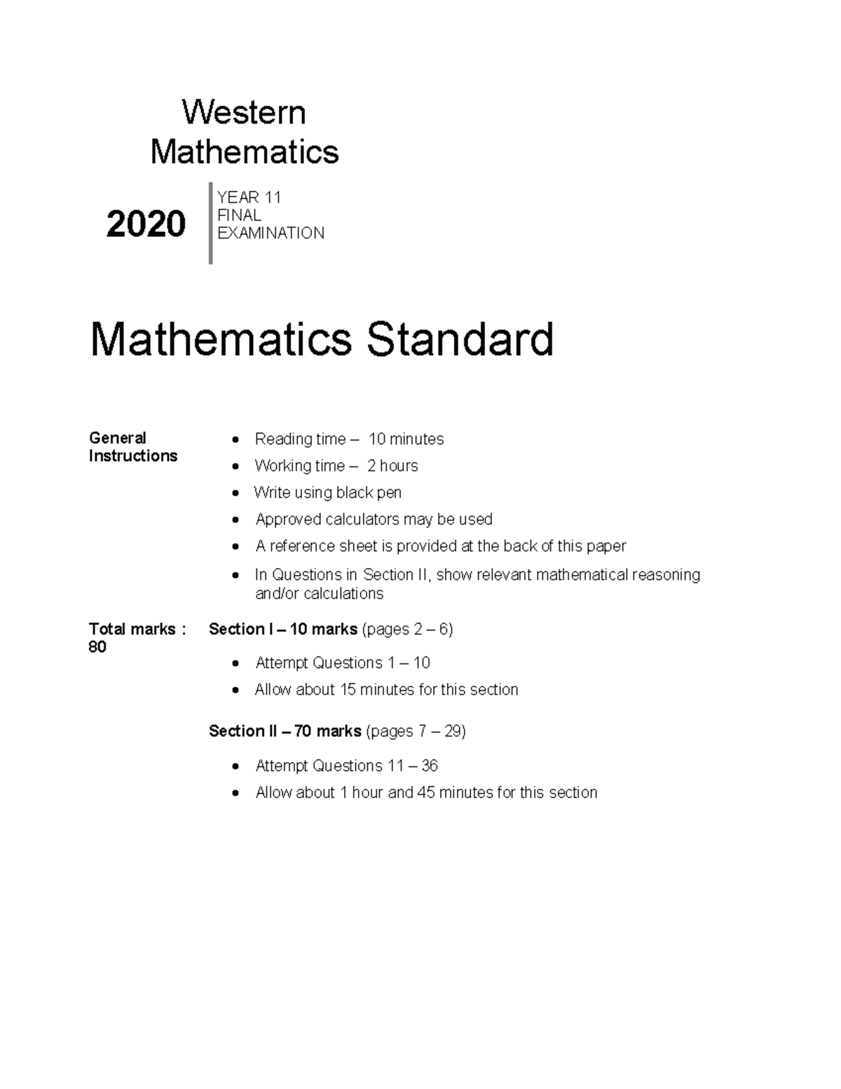 WME Year 11 Mathematics Standard Final Exam 2020 - Studocu
