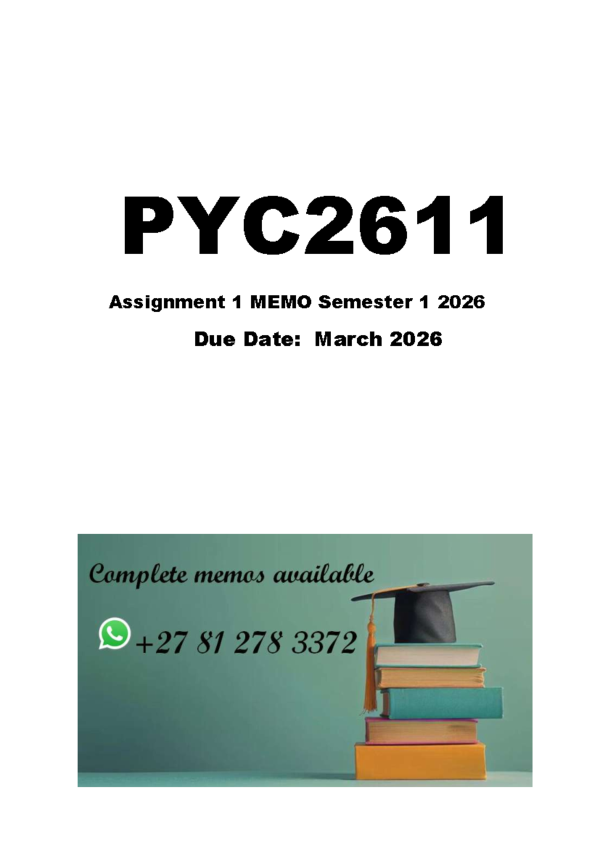 PYC2611 Assessment 1 MEMO Semester 1 2026 - PYC2611 - PYC Assignment 1 ...