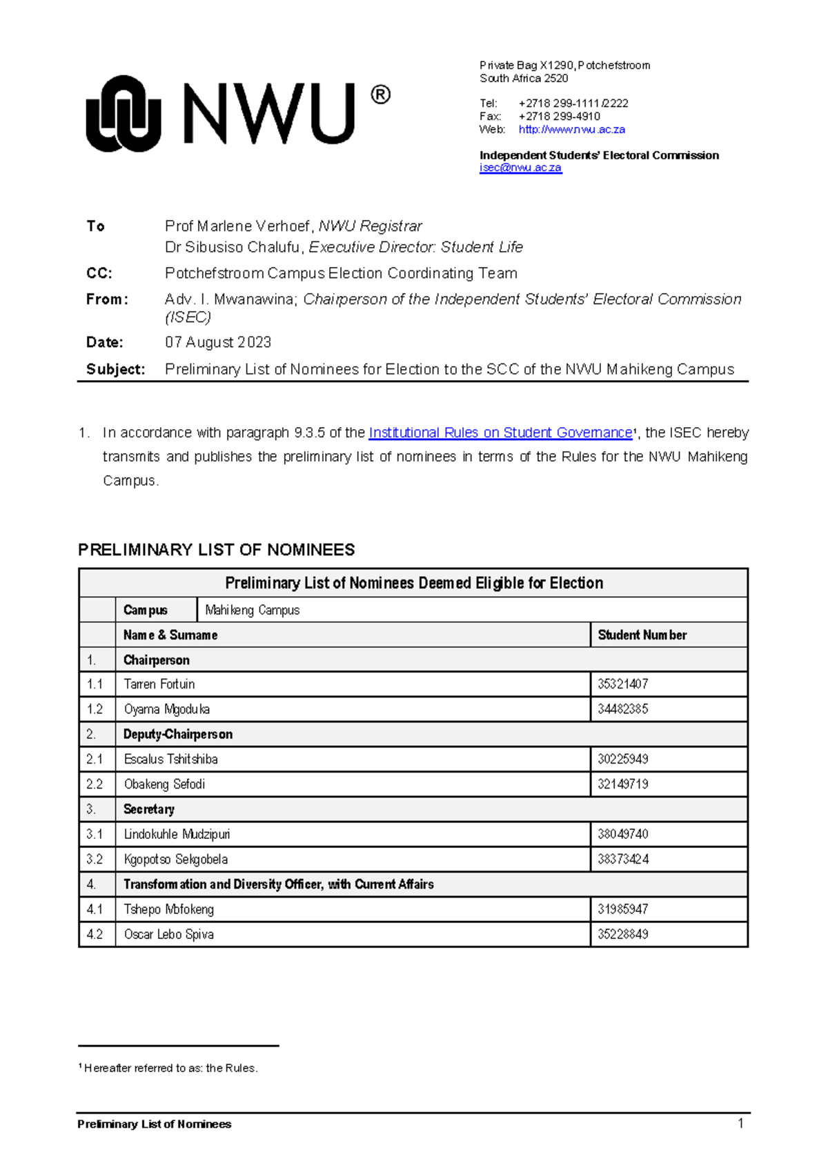 Preliminary List of Nominees for NWU Mahikeng Elections 2023 - Studocu