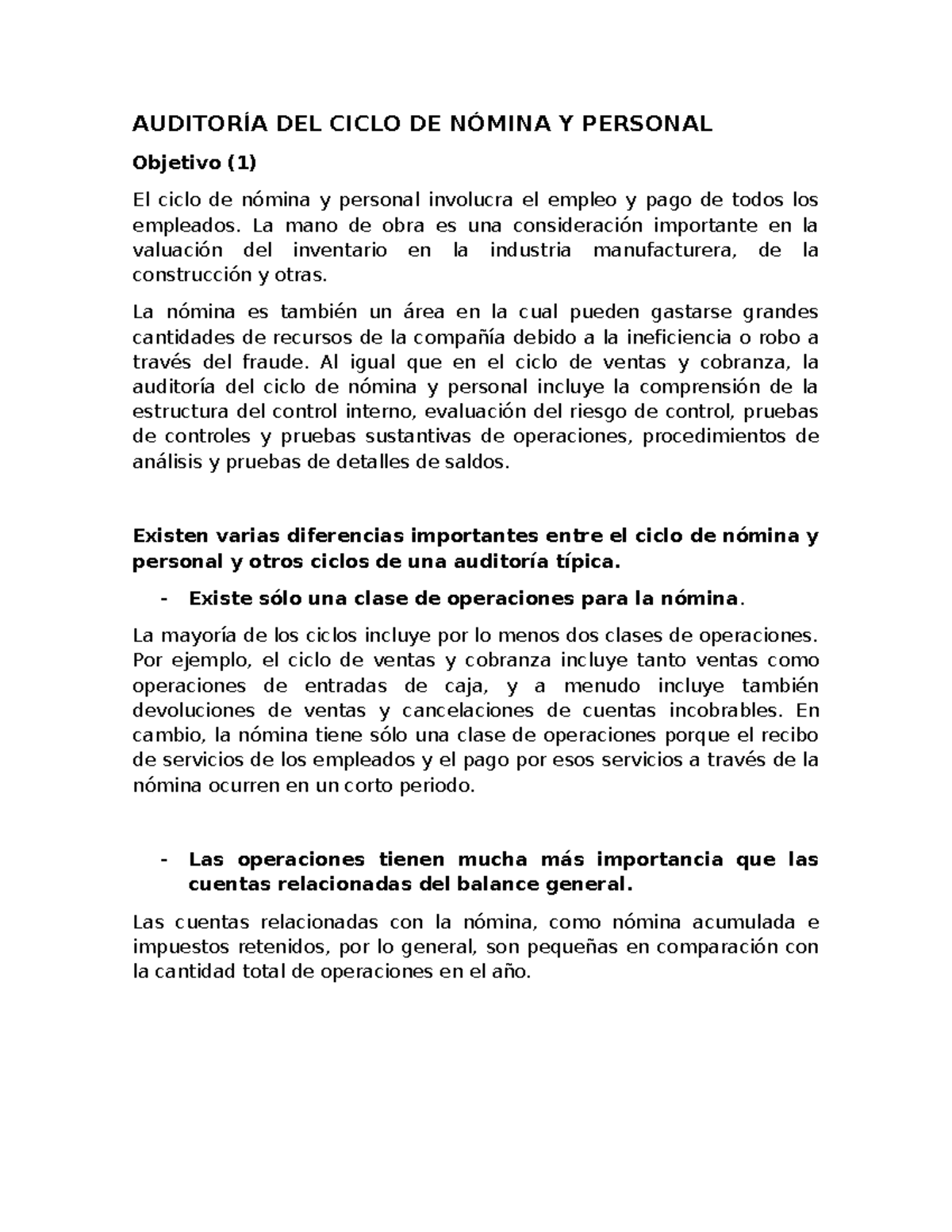 Auditoría del Ciclo de Nómina y Personal - Trabajo DE Auditoría CAP 18 ...