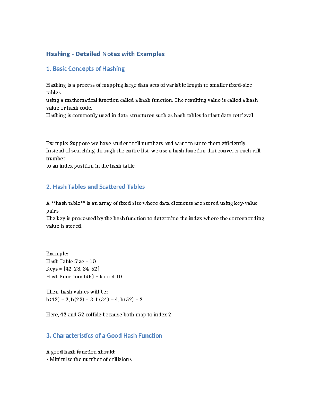 Hashing Concepts and Techniques: Detailed Notes with Examples - Studocu