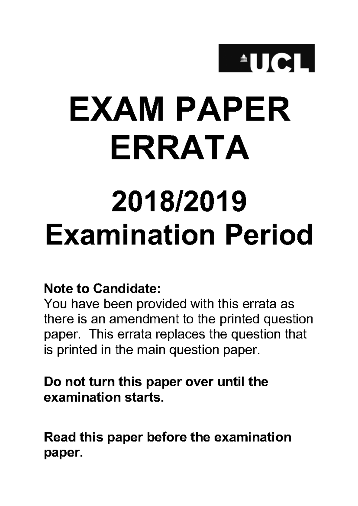 PHAS0022-2019-with errata - EXAM PAPER ERRATA 2018/ Examination Period ...
