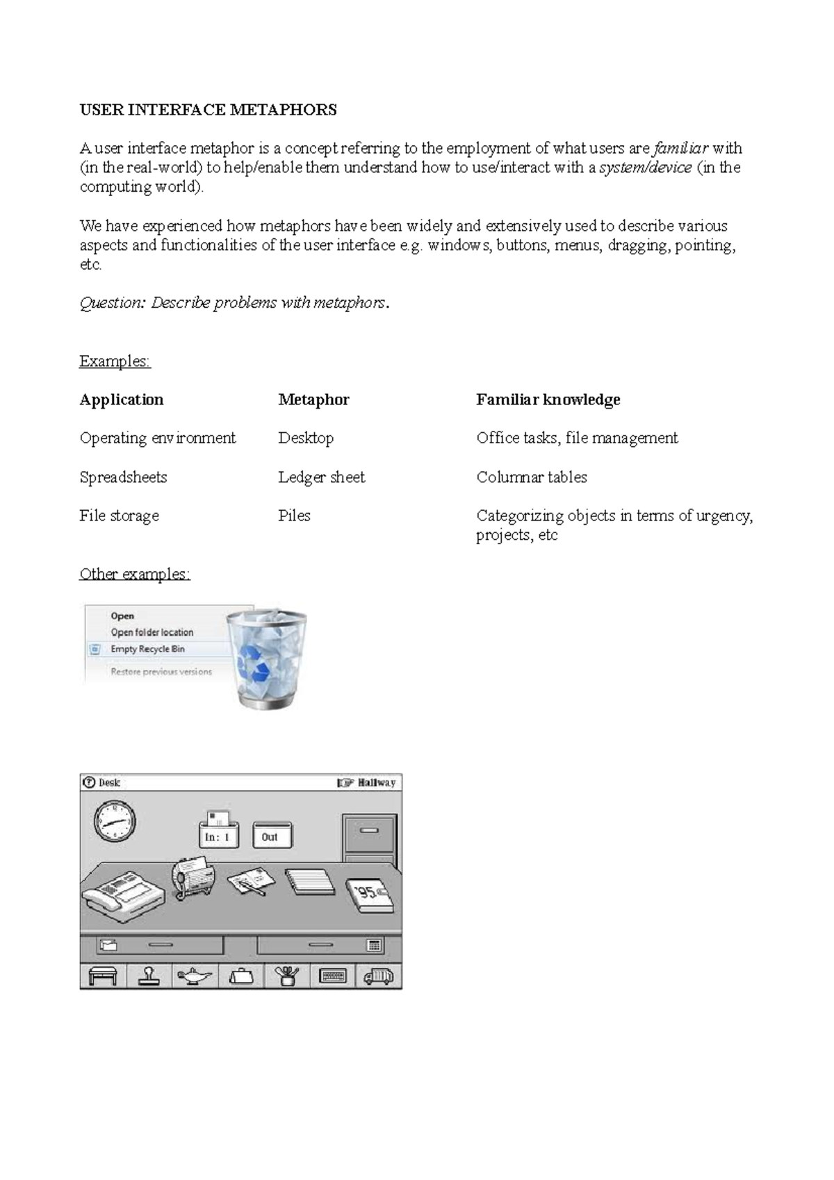 User Interface Metaphors - USER INTERFACE METAPHORS A user interface ...