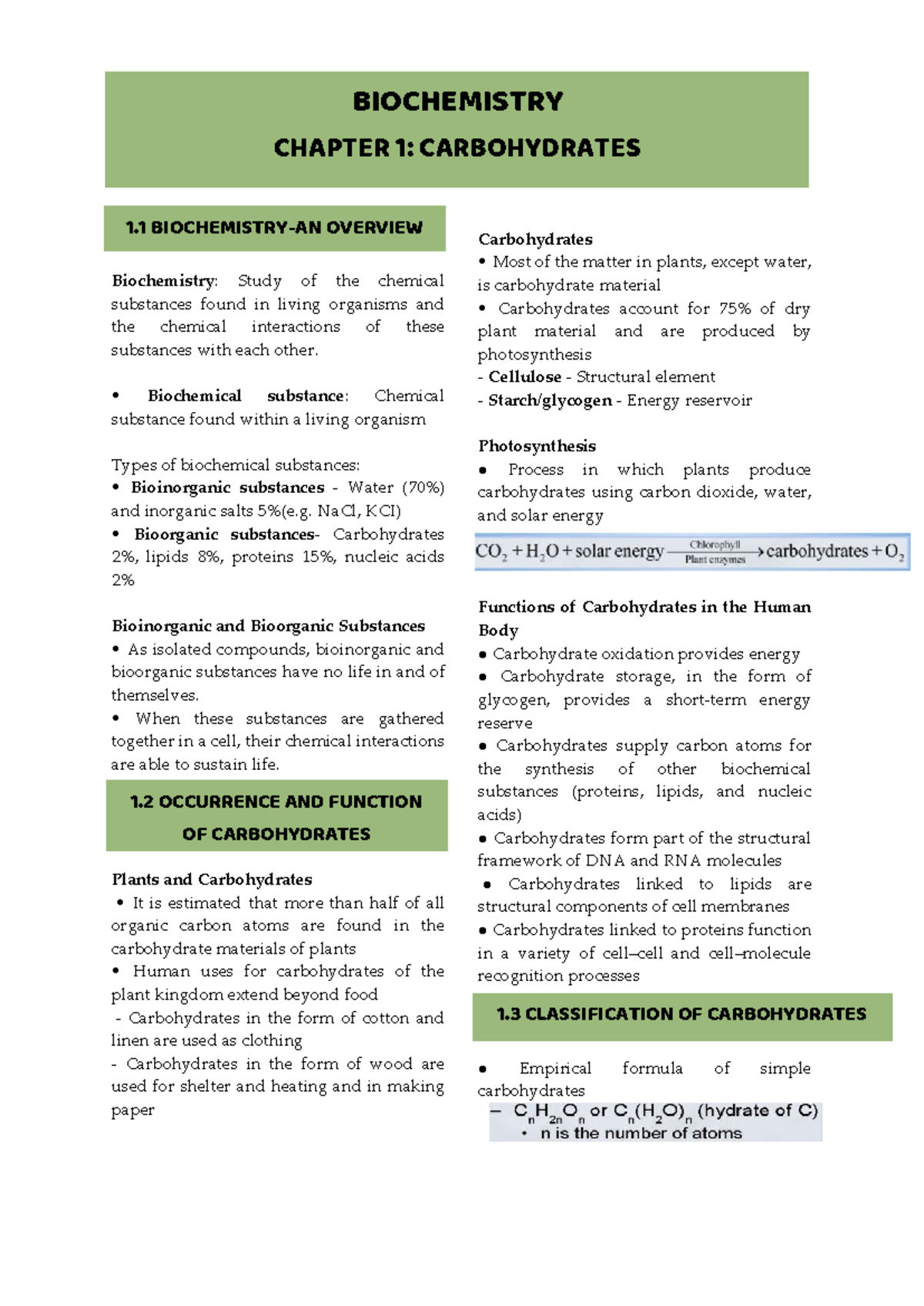 Biochem 101: Chapter 1 Carbohydrates Overview and Functions - Studocu