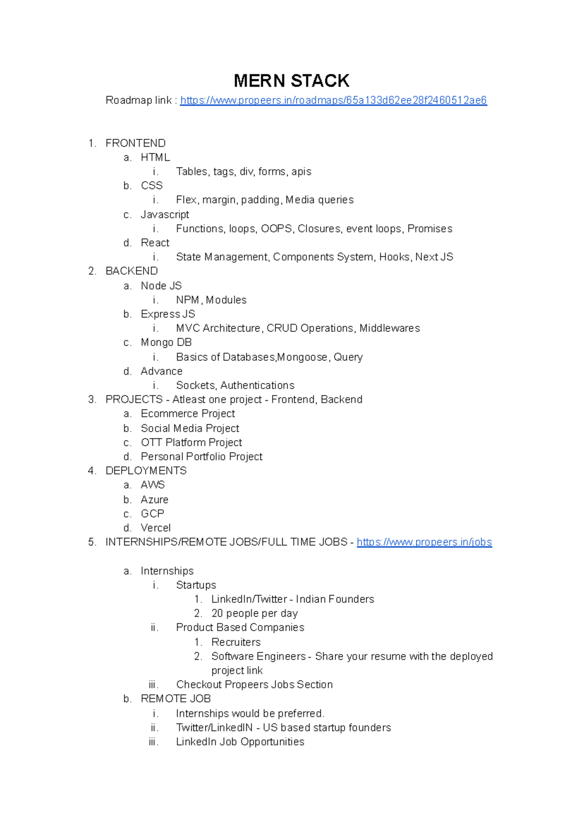 MERN Stack Developer Roadmap - MERN STACK Roadmap link : propeers ...