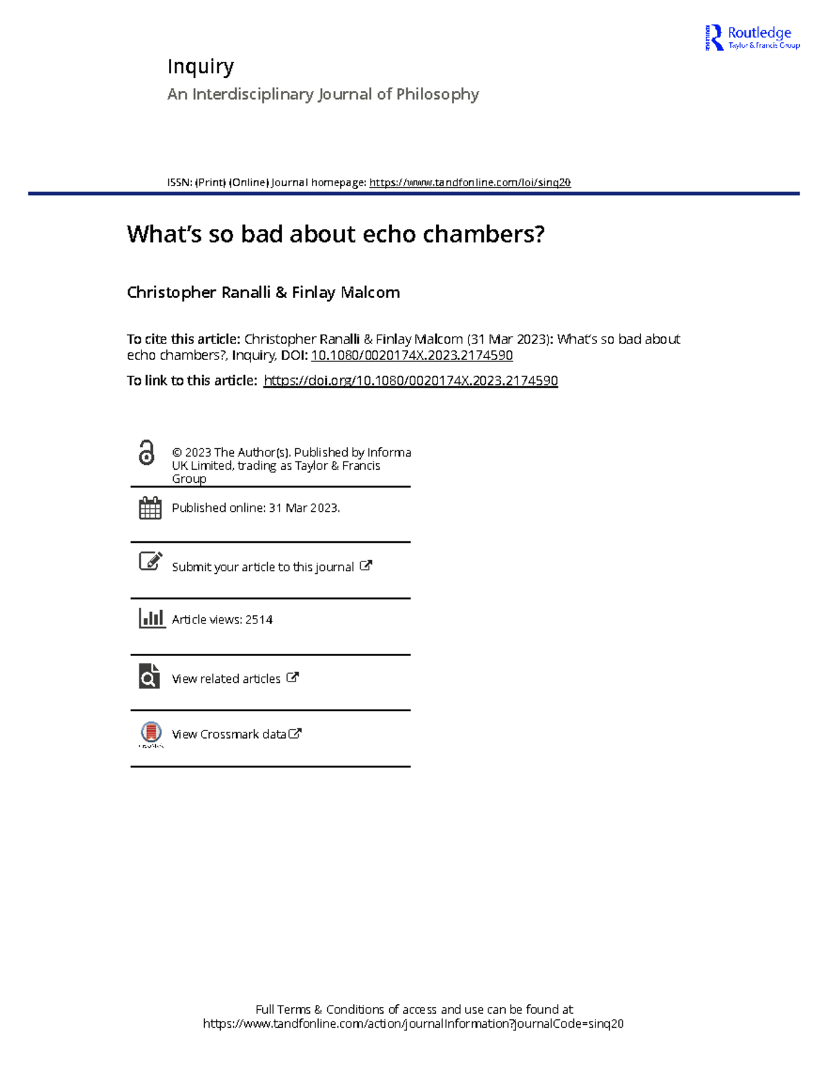 Inquiry into the Epistemic Harm of Echo Chambers - Ranalli & Malcom ...