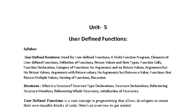 Unit V - User Defined Functions: Overview, Elements, and Examples - Studocu