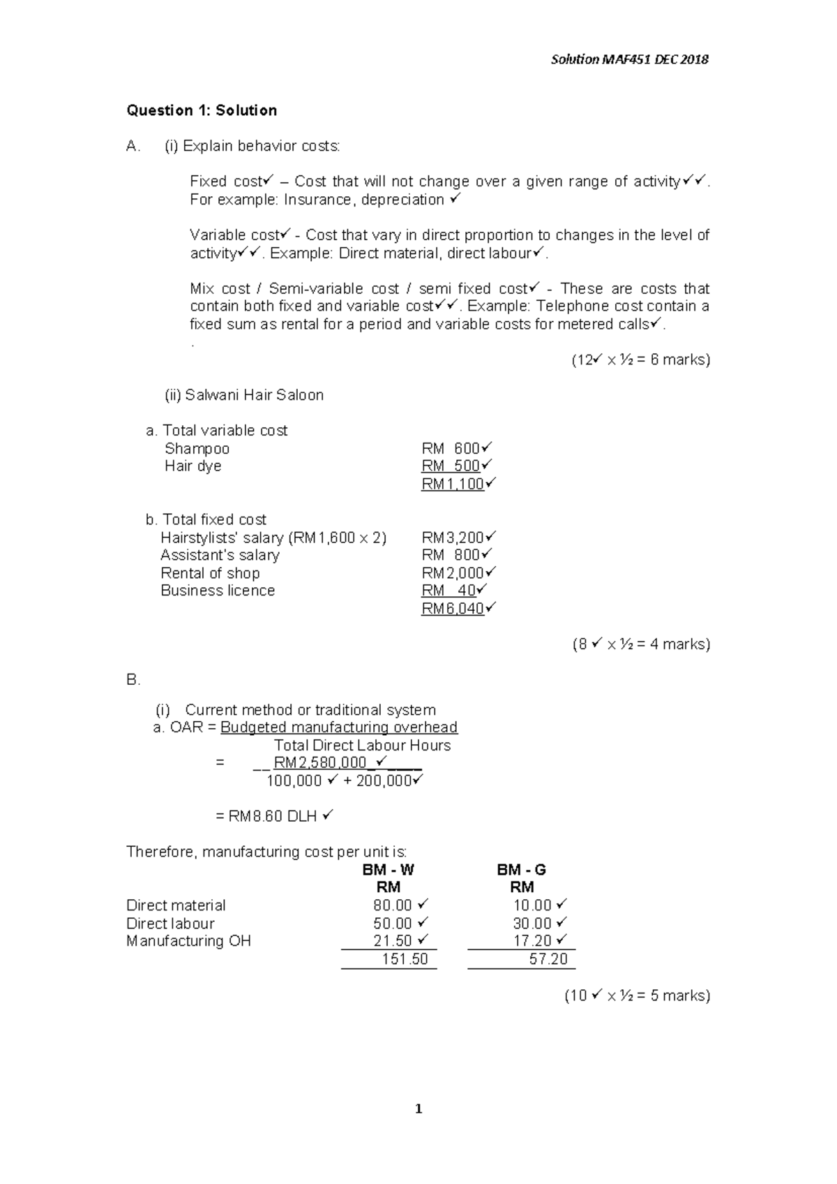 MAF 451 Solution Dec 2018 - Cost and management accounting - UiTM - Studocu