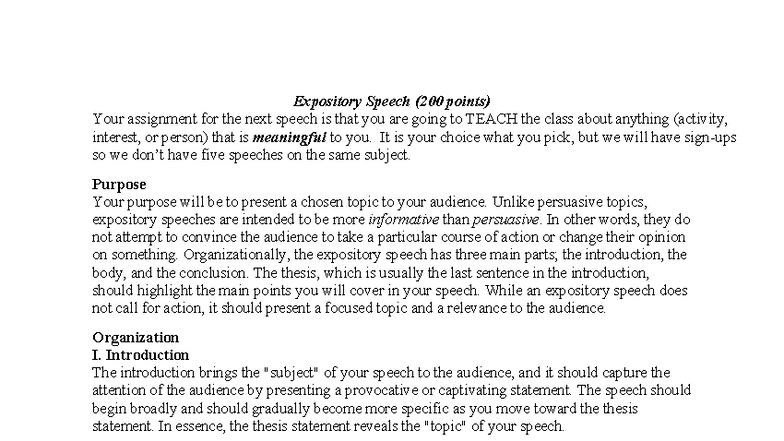 Expository Speech Guidelines (200 pts) - Teaching Your Topic - Studocu