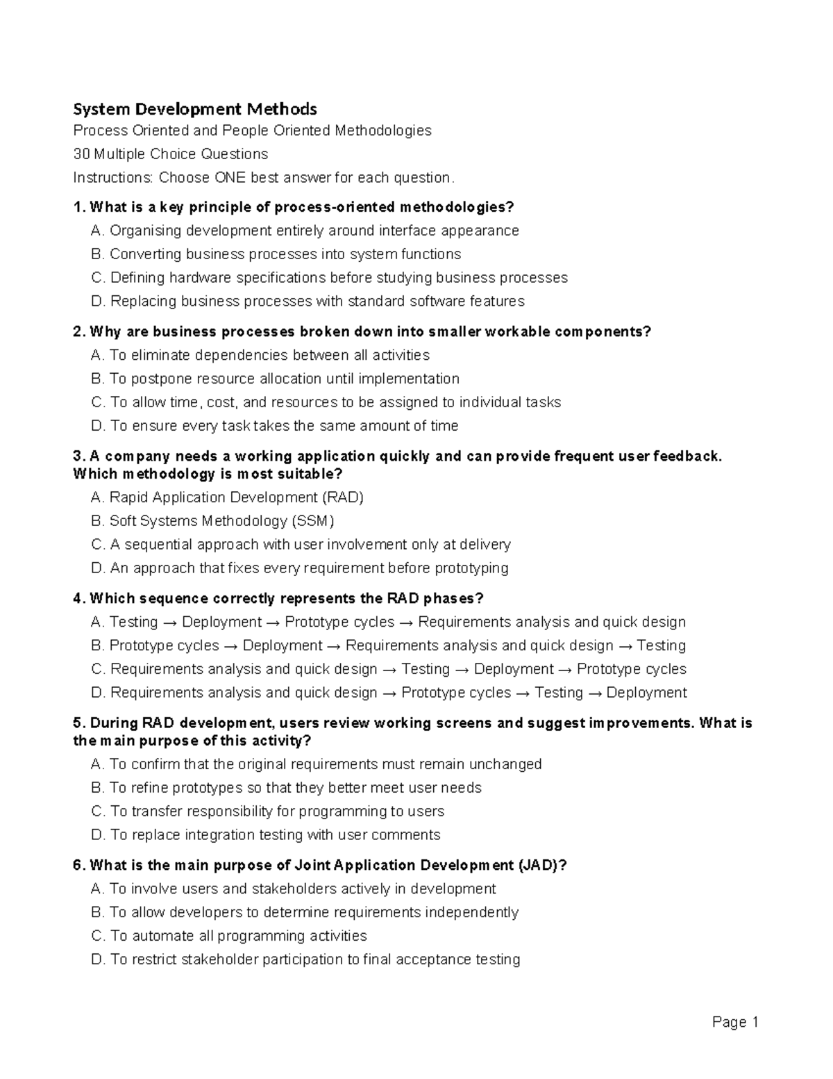 SDM 30 MCQs on System Development Methodologies - Studocu