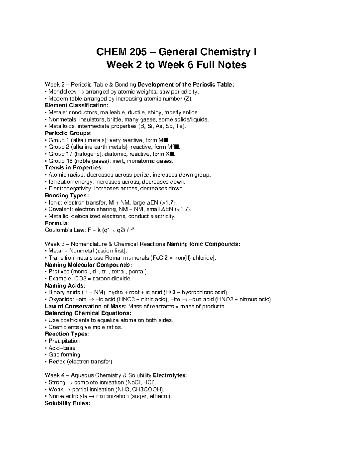 CHEM 205 General Chemistry I Weeks 2-6 Comprehensive Notes - Studocu