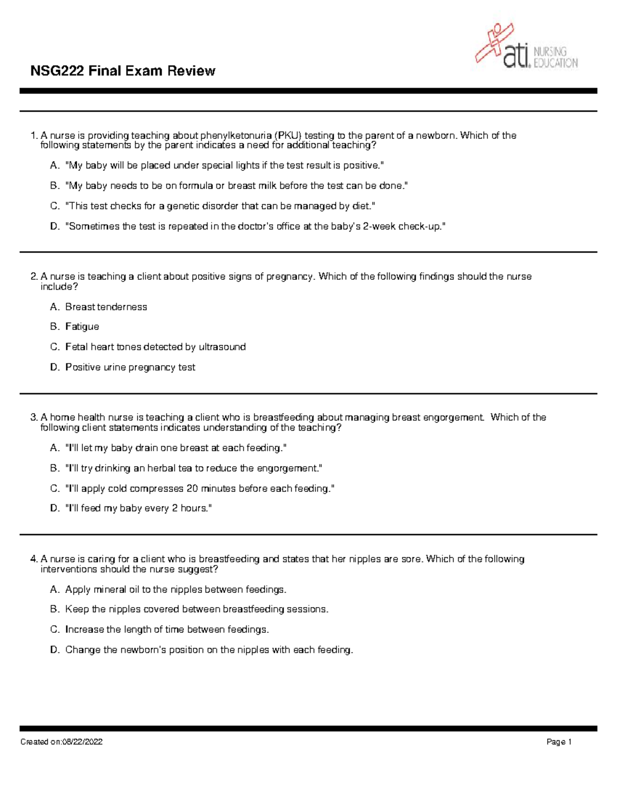 NUR 123 Final Exam Review: Key Nursing Concepts and Practice Questions ...