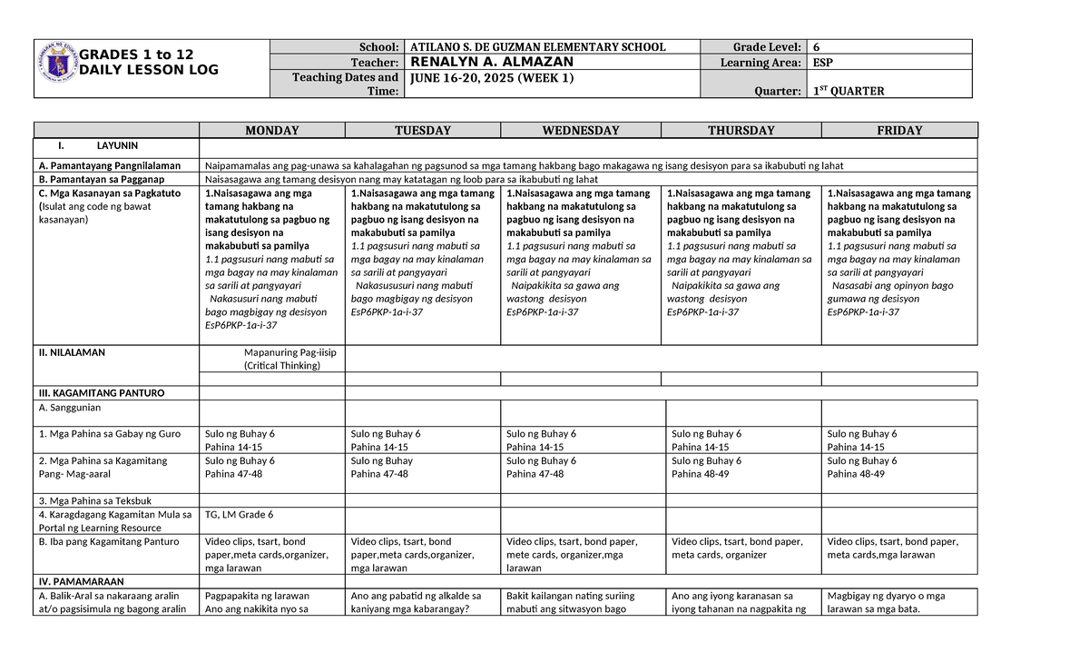 DLL ESP 6 Q1 W1: Daily Lesson Log for Critical Decision-Making - Studocu
