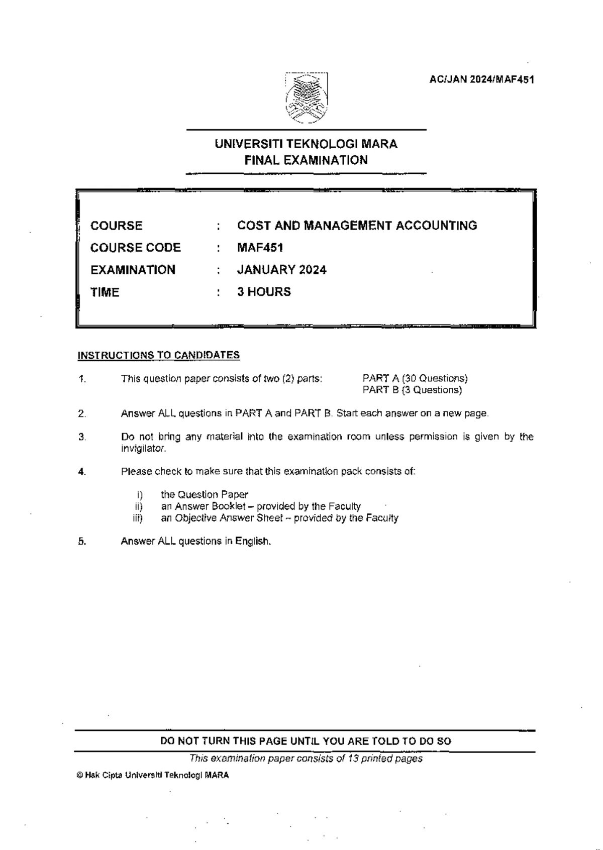 Final Exam MAF451: Cost and Management Accounting - Feb 2023 - Studocu