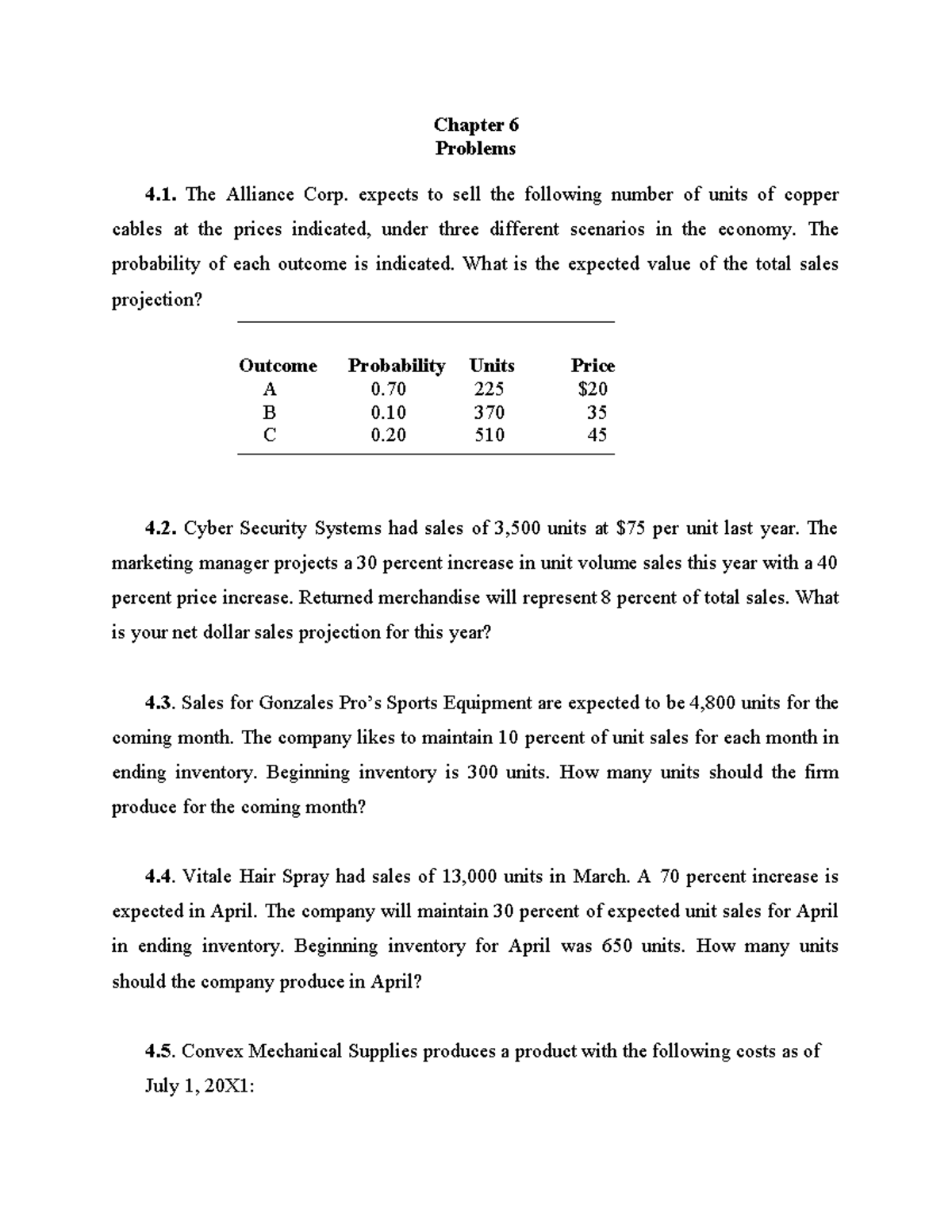 Chapter 6 Problems 4.1 - 4.10: Sales Projections & Cash Budgets ...