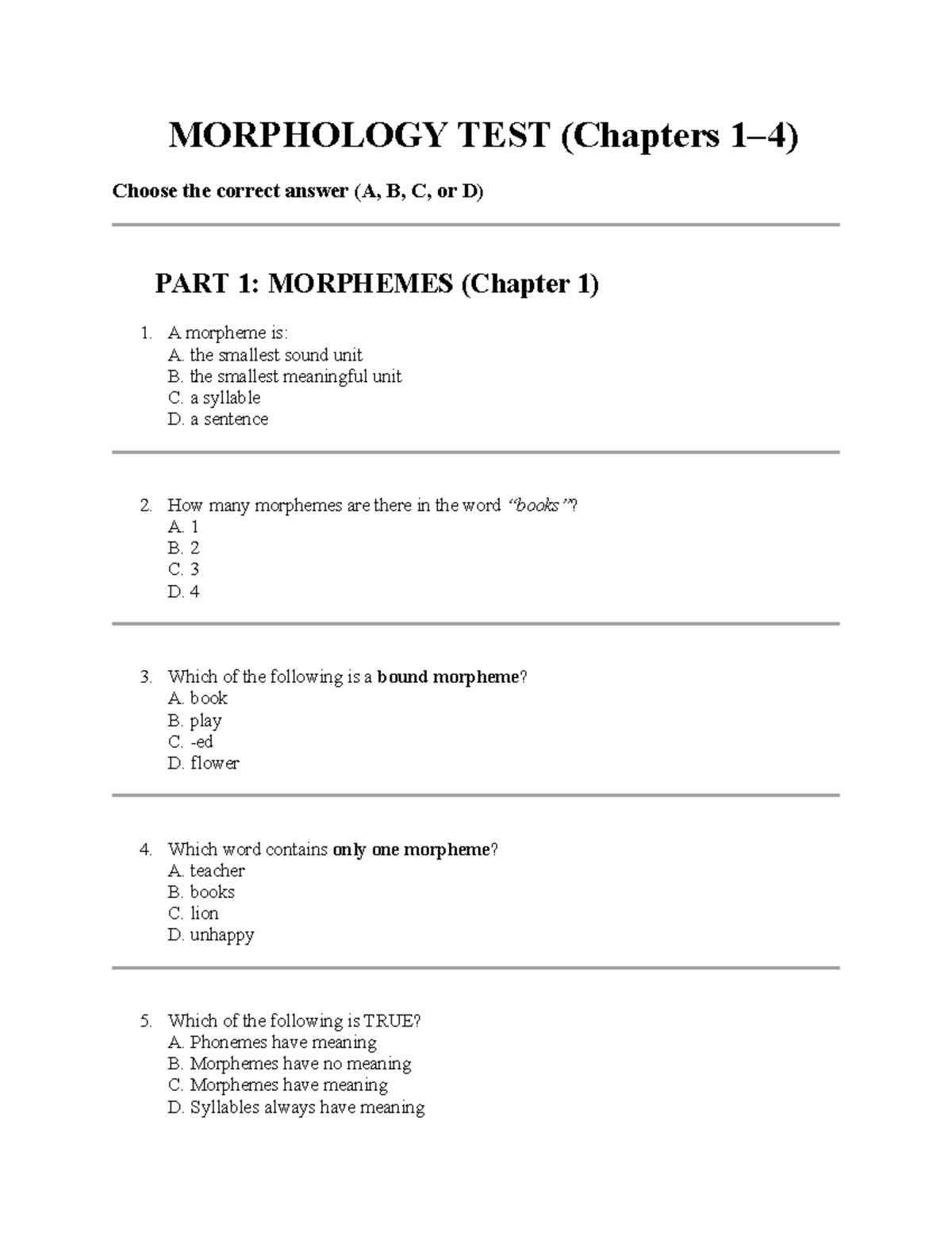 MORPHOLOGY TEST (Chapters 1-4) - Answer Key & Questions - Studocu