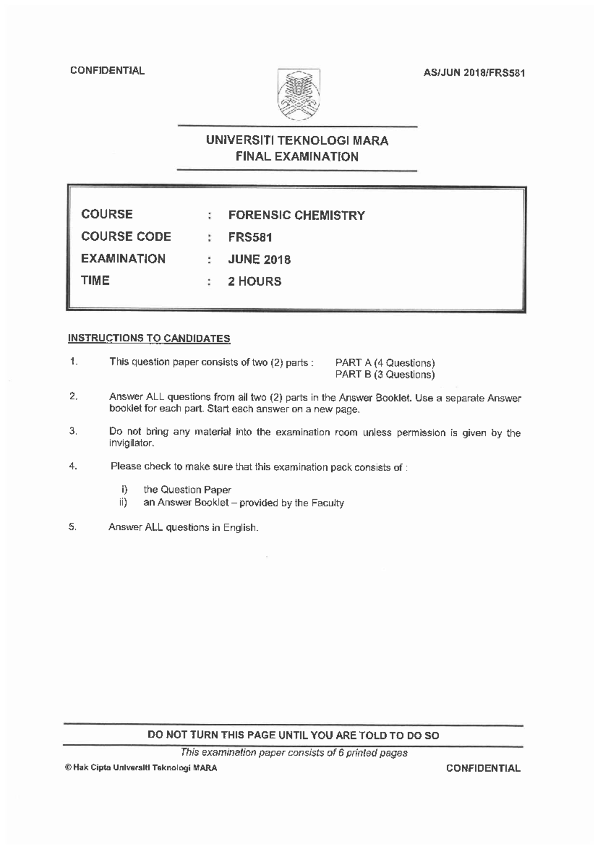 FRS581 Forensic Chemistry Final Exam June 2018 Question Paper - Studocu