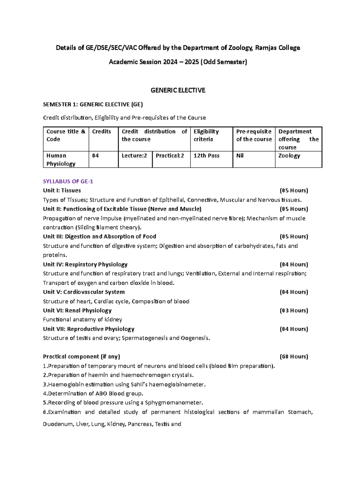 Zoology Dept - Generic Elective Course Details for 2024-25 - Studocu
