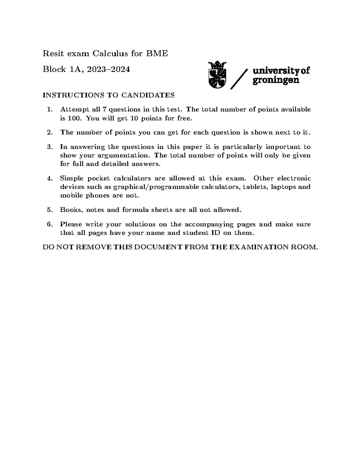 Calculus for BME Resit Final EXAM Solutions 2023-2024 Notes - Studeersnel