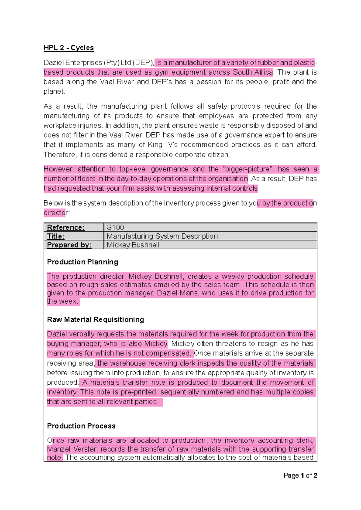 HPL 2 - Scenario - for practise purposes - Page 1 of 2 HPL 2 - Cycles ...