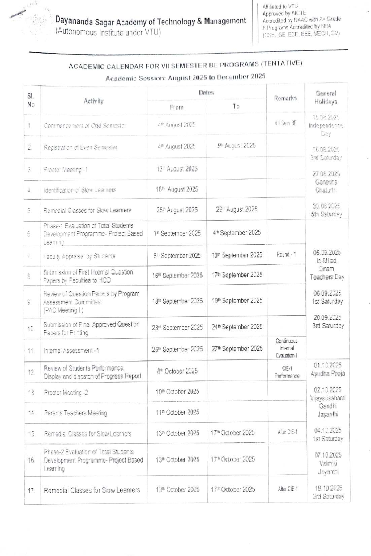 7th Sem Academic Calendar - Dsatm (Tentative) August to December 2025 ...