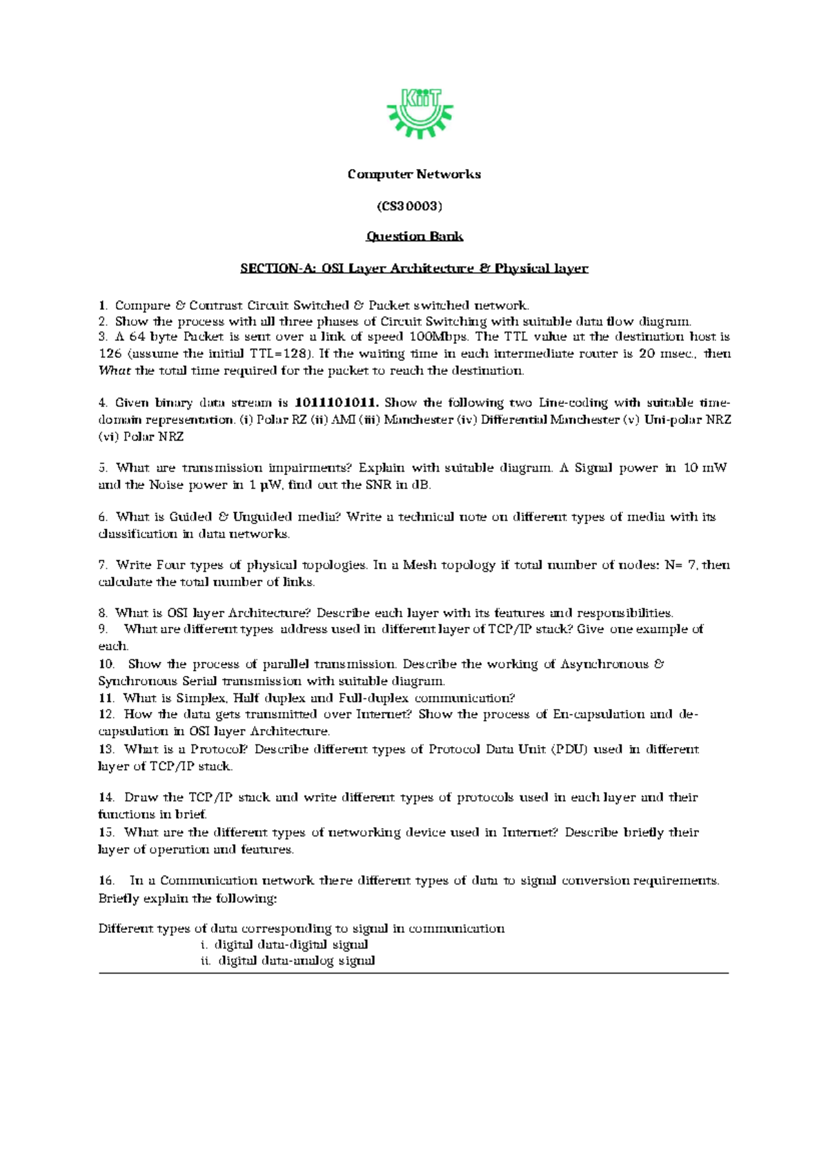 CN (CS30003) Question Bank-I till Mid-Semester - Computer Networks ...
