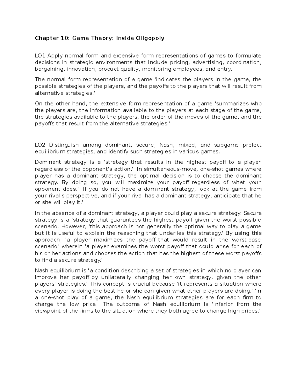 Chapter 10 Game Theory Inside Oligopoly (Managerial Economics ...