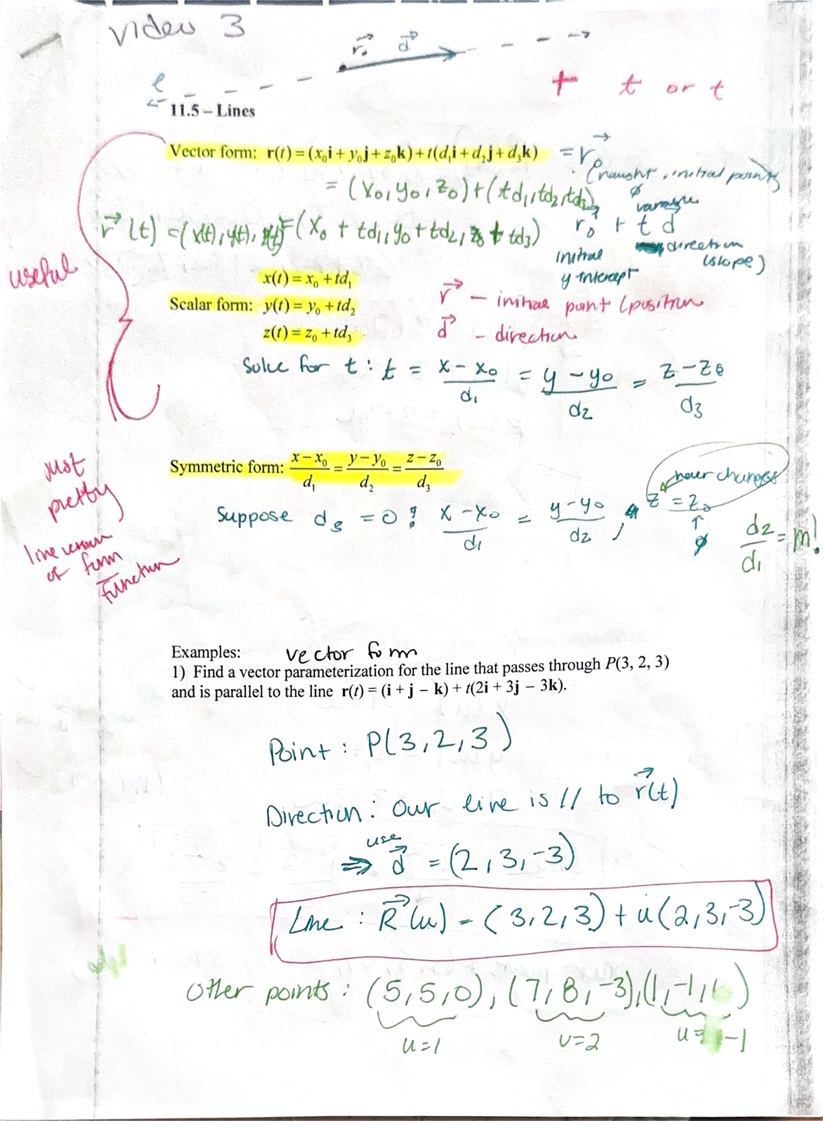 Calc 3: Vector Forms & Parameterization Notes for 11.5 Lines - Studocu
