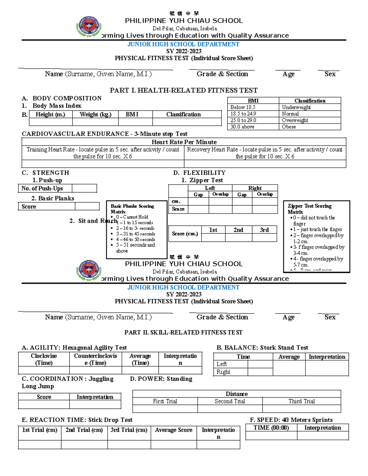 PHILIPPINE YUH CHIAU SCHOOL SY Physical Fitness Test Individual Score ...