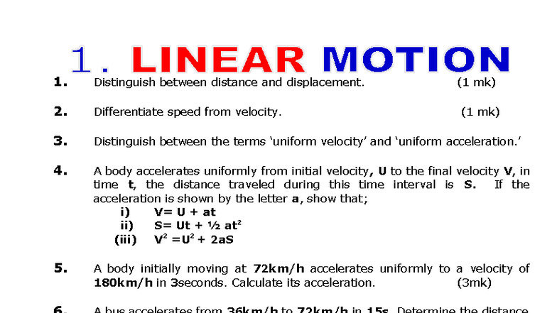 3.0 Linear Motion - Comprehensive Study Notes and Analysis - Studocu