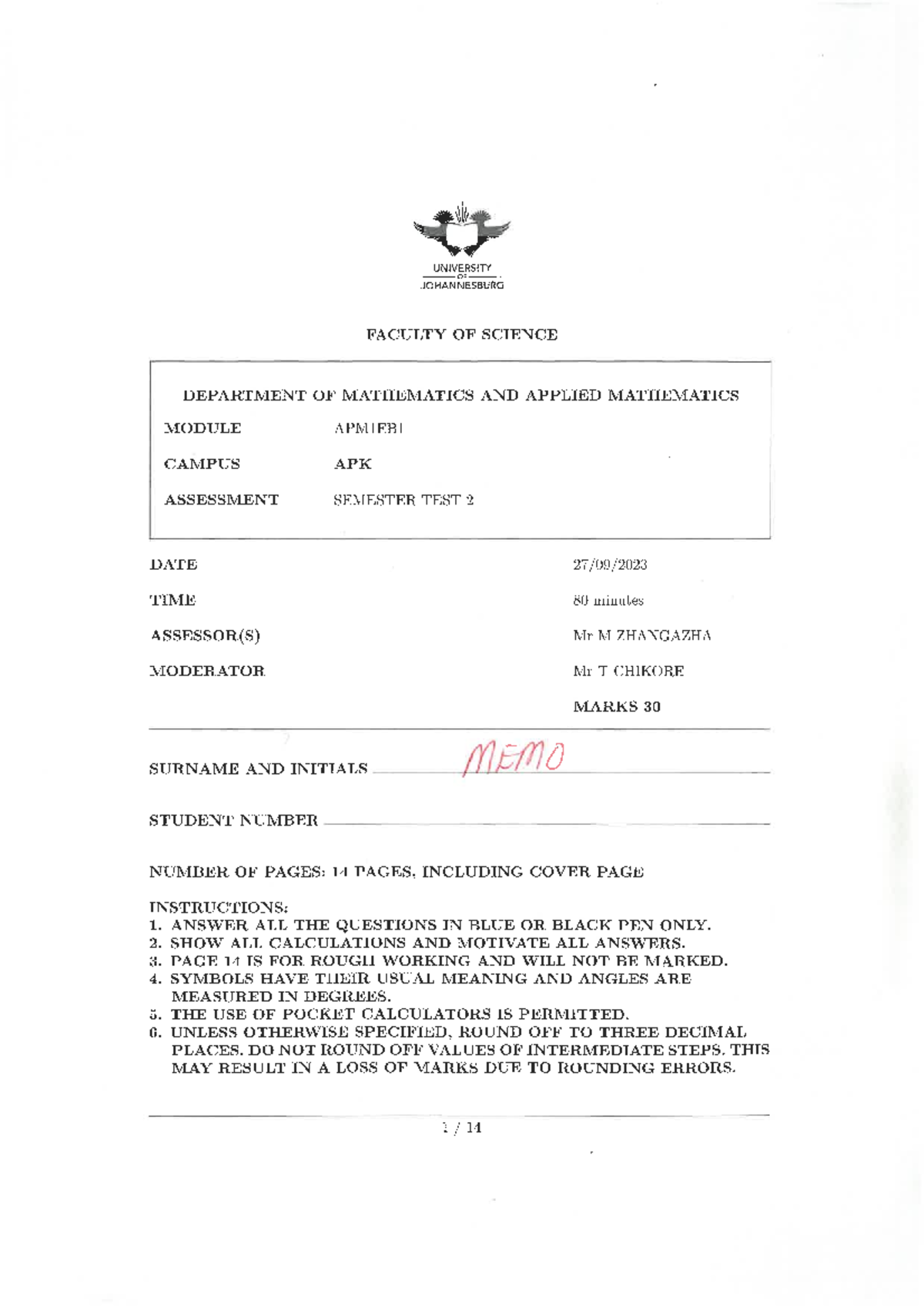 APM1EB1 Semester Test 2 Memo and Solutions Summary - Studocu