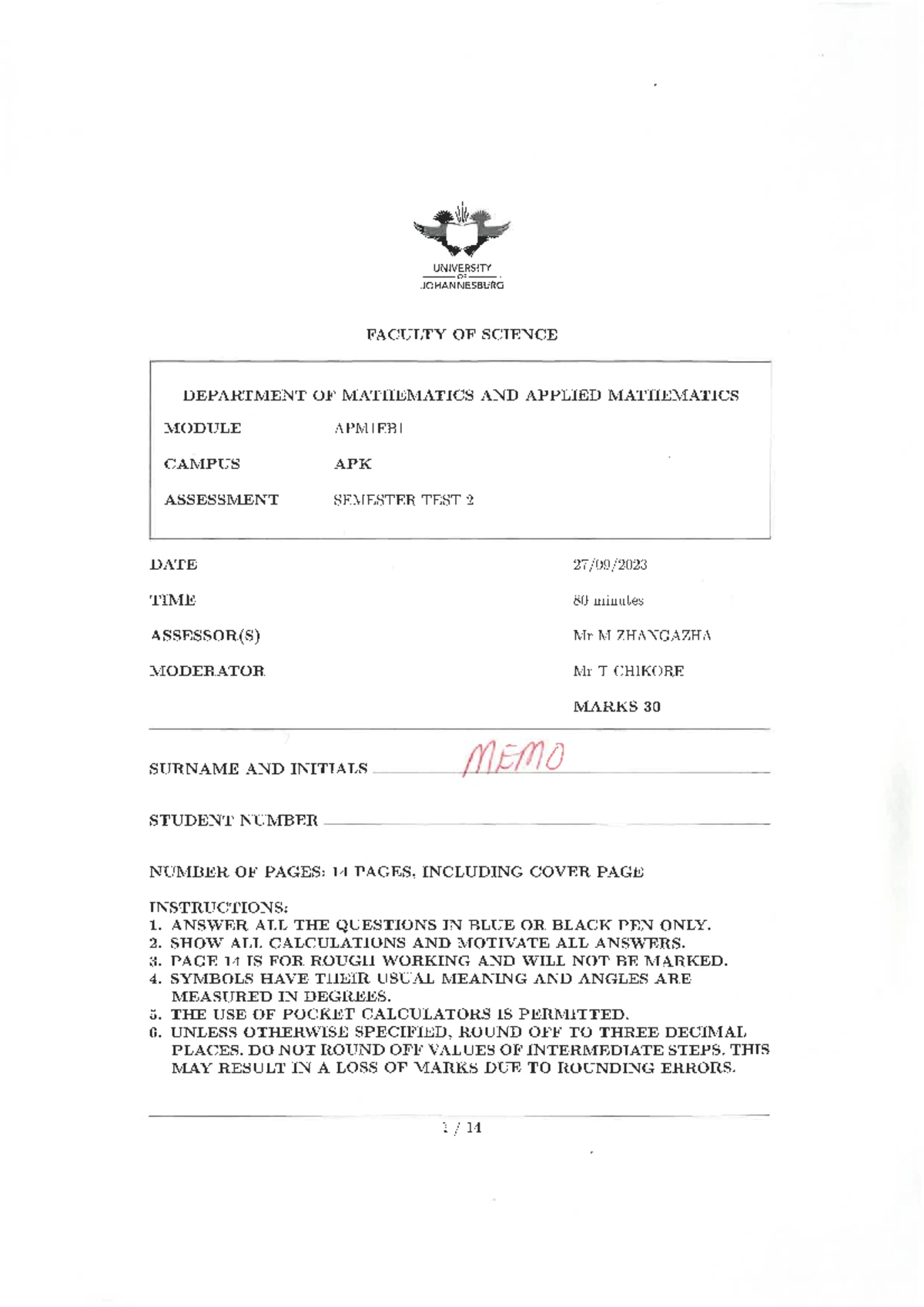 APM01A1 Applied Mathematics 1A Semester Test 2 Final Memo - Studocu