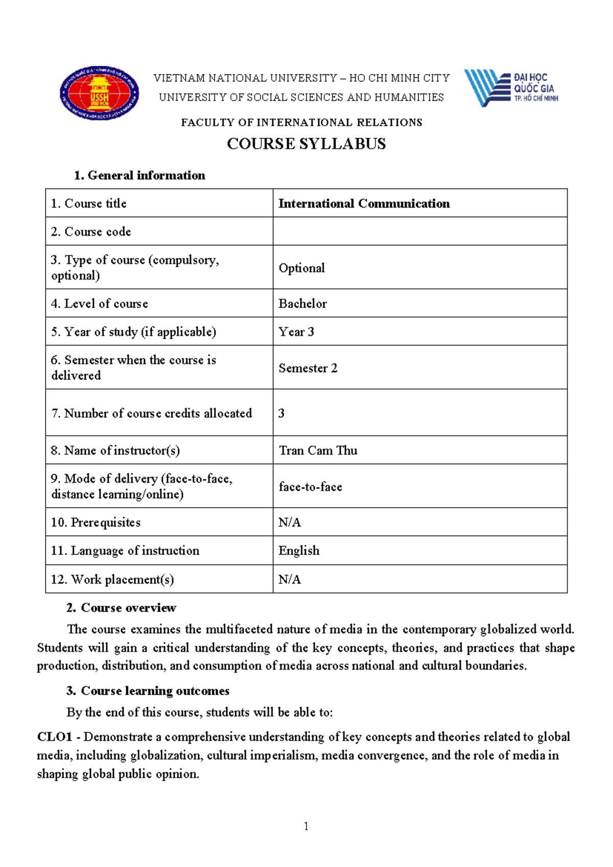 International Communication Syllabus (Course Code: ENG) - 2025 - Studocu