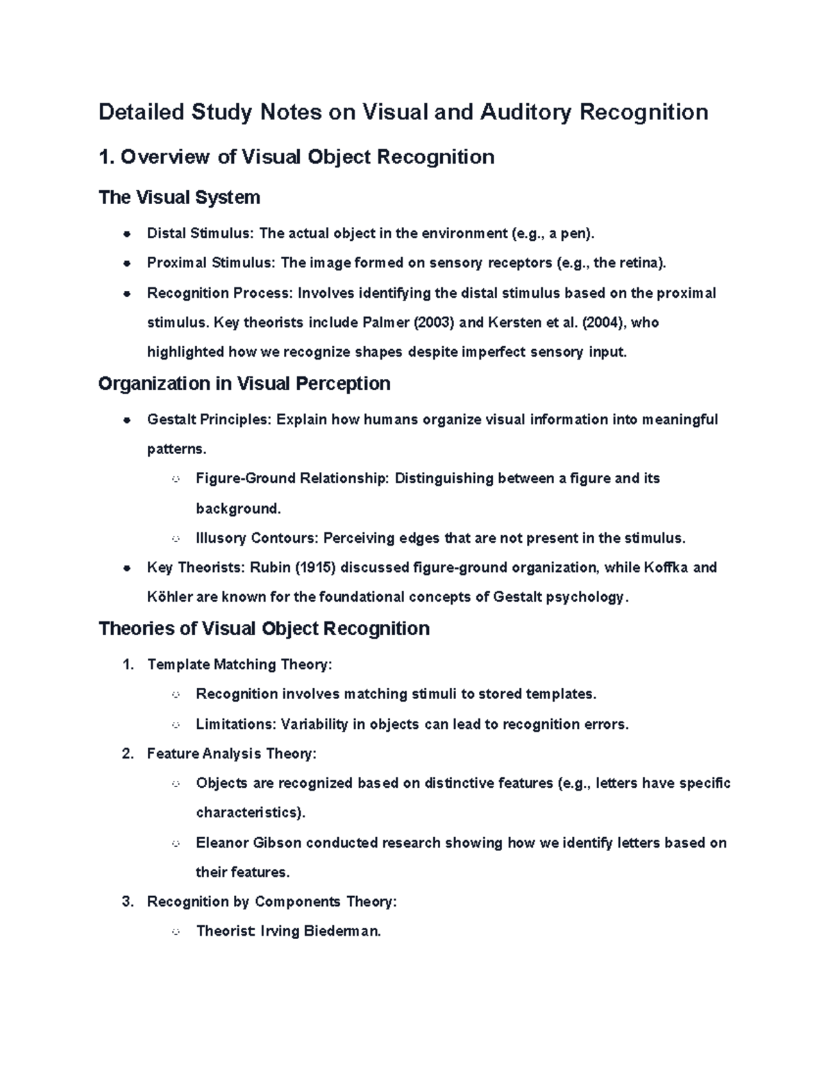 Comprehensive Study Notes on Visual and Auditory Recognition (PSY 101 ...