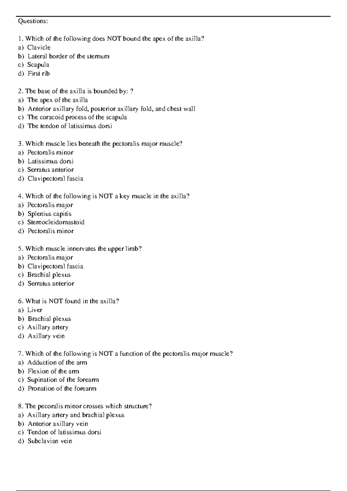 Axilla MCQs: Anatomy Questions for DPT SLP OT 1st Sem - Studocu