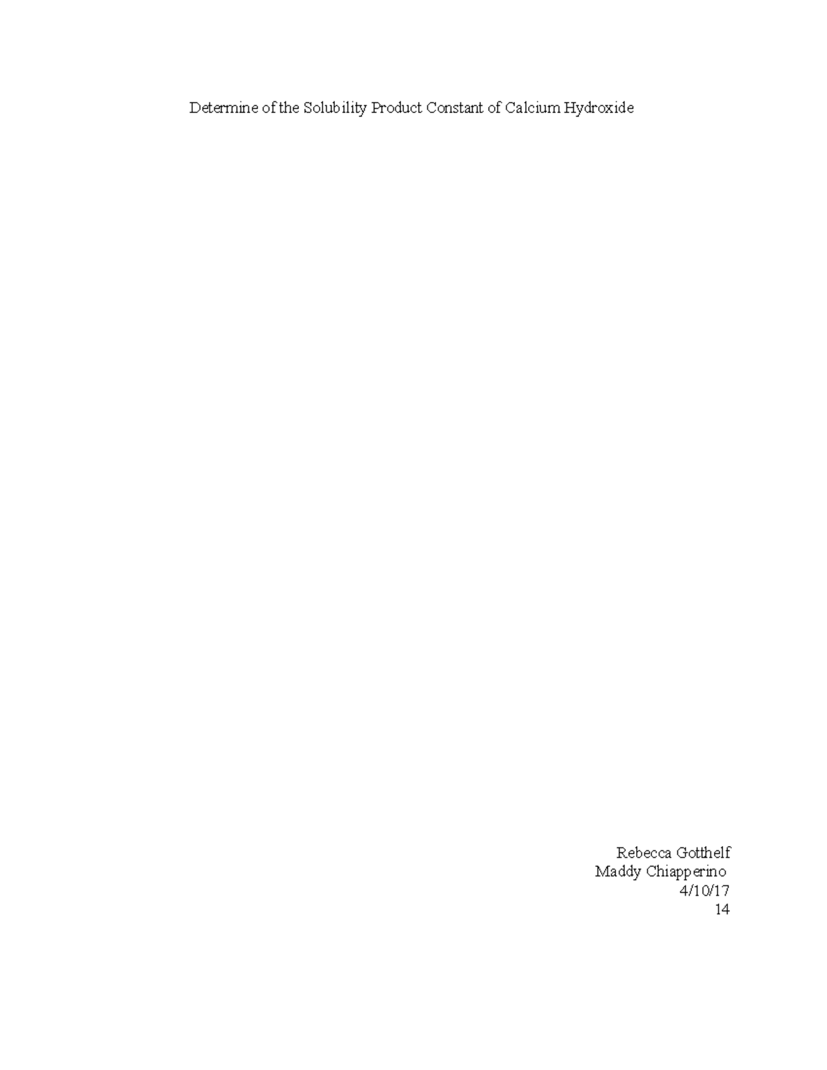 Chem121 Lab 8 - Solubility Product Constant Ksp of Ca(OH)2 Report - Studocu