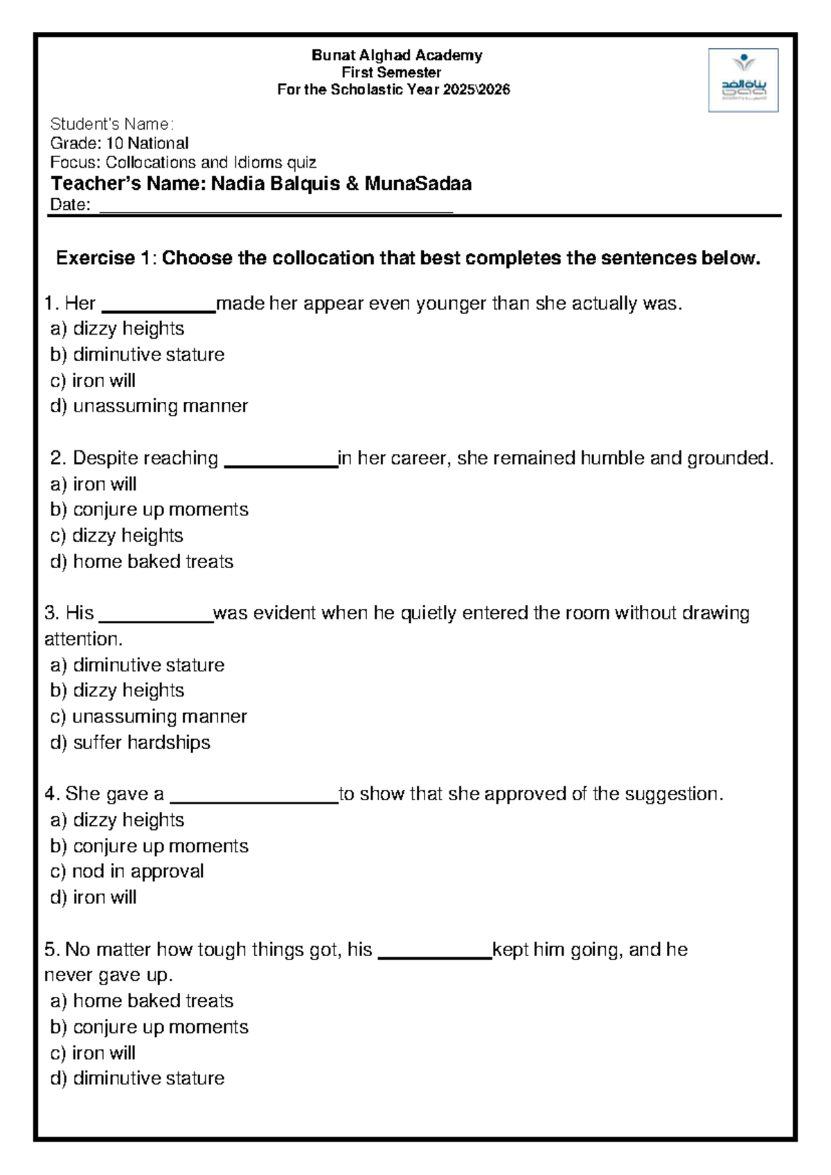 Bunat Alghad Academy Grade 10 Collocations Idioms Quiz Studocu