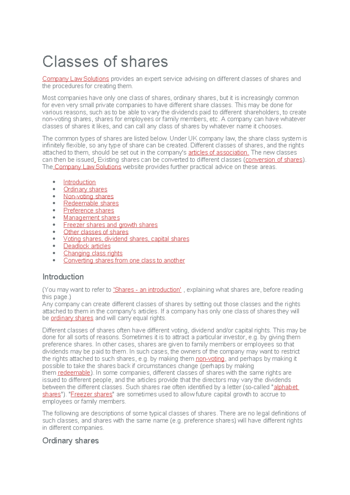 Classes of Shares: Detailed Lecture Notes in Company Law (UZ) - Studocu