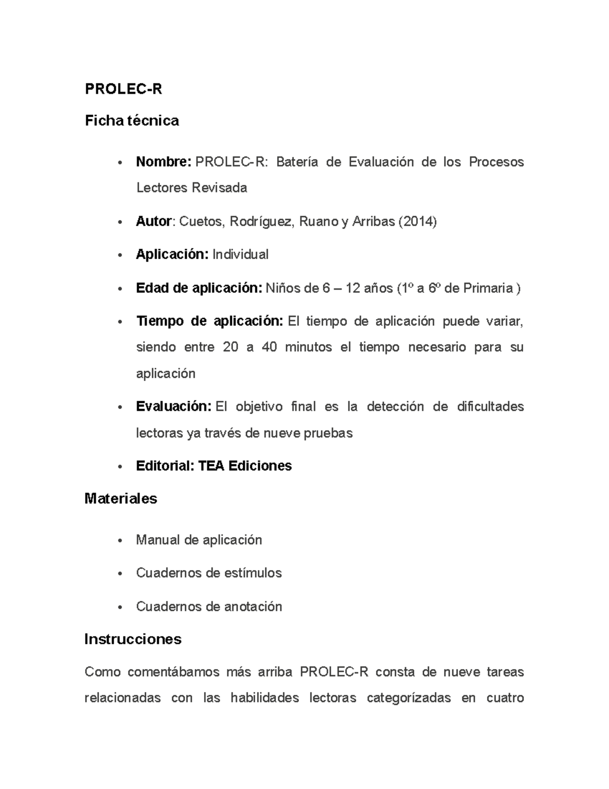 PROLEC-R: Evaluación de Procesos Lectores para Niños (6-12 años) - Studocu