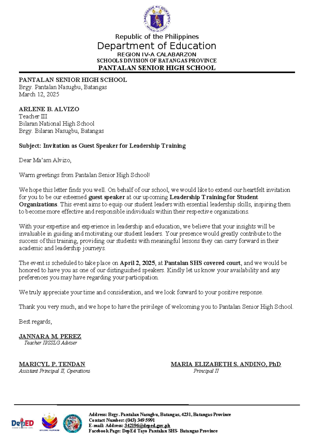 Invitation Letter for Guest Speaker at Leadership Training - Studocu